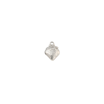 Silver strawberry charm with engraved seed details and leafy top on a white background.