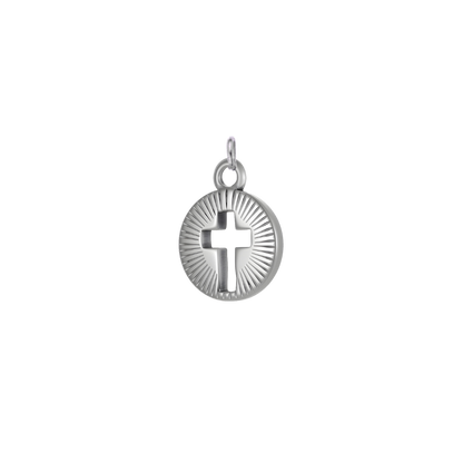 Silver Gleaming Center Cross charm featuring a cutout cross with engraved sunburst detailing, displayed on a transparent background,.