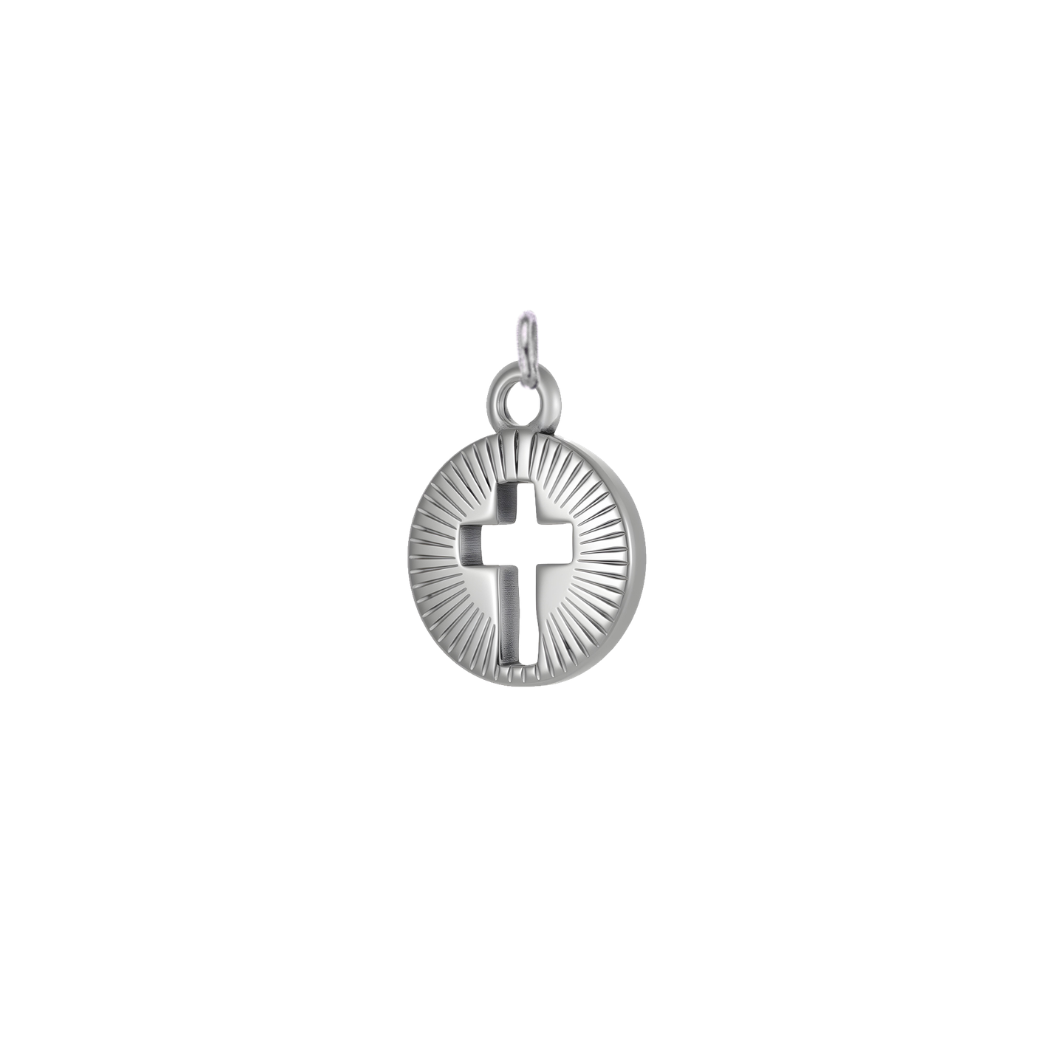 Silver Gleaming Center Cross charm featuring a cutout cross with engraved sunburst detailing, displayed on a white background.