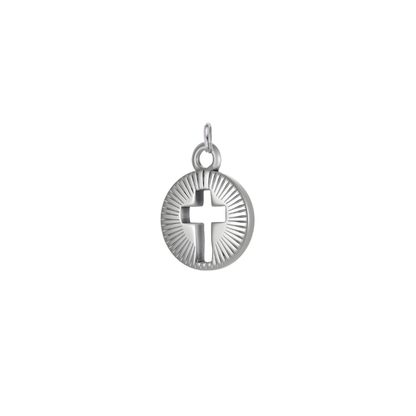 Silver Gleaming Center Cross charm featuring a cutout cross with engraved sunburst detailing, displayed on a white background.