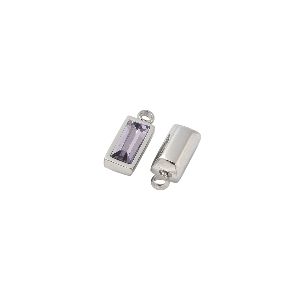 Front and back view of a silver rectangular lilac crystal gemstone charm with a faceted baguette-cut stone displayed on a white background