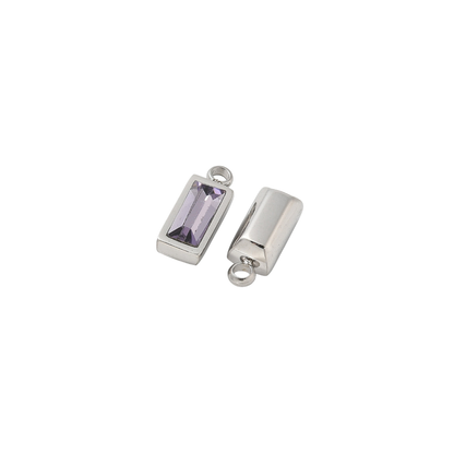 Front and back view of a silver rectangular lilac crystal gemstone charm with a faceted baguette-cut stone displayed on a white background