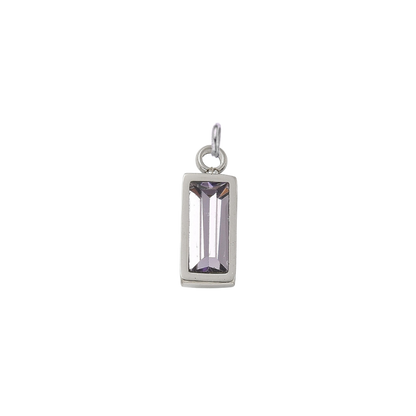 Silver rectangular lilac crystal gemstone charm with a faceted baguette-cut stone displayed on a transparent background