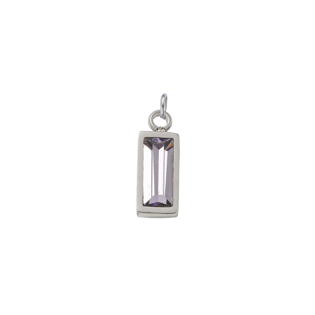 Silver rectangular lilac crystal gemstone charm with a faceted baguette-cut stone displayed on a white background