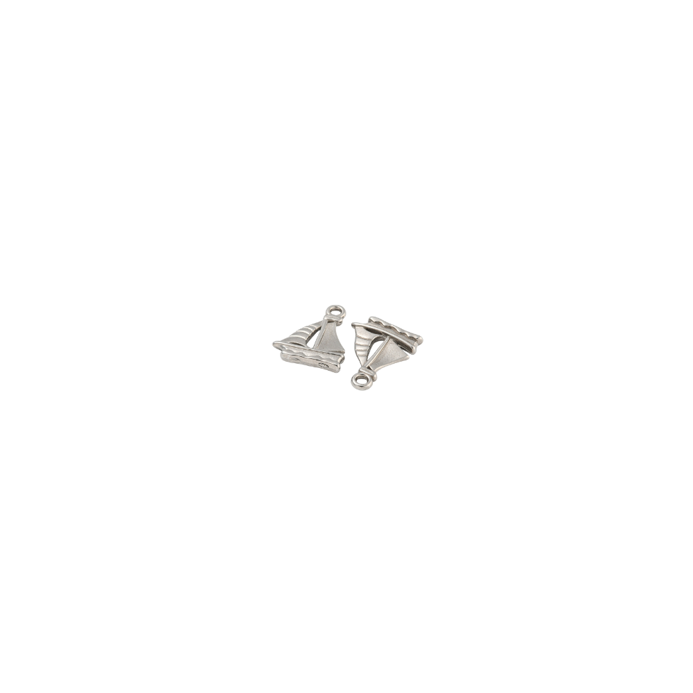 Two silver nautical sailboat charms displayed on a white background, showing both front and back views.