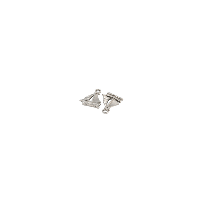 Two silver nautical sailboat charms displayed on a white background, showing both front and back views.