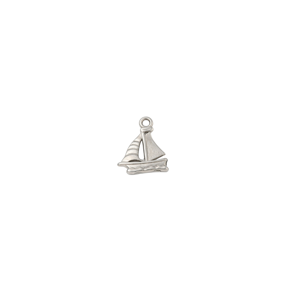 Silver nautical sailboat charm with engraved sail and wave details on a white background.