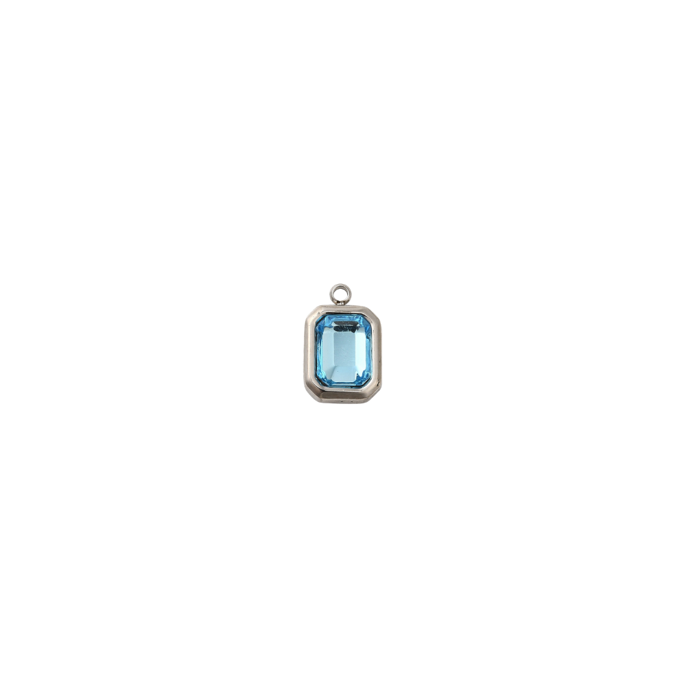 Silver rectangle charm featuring a faceted aqua blue gemstone on a white background.