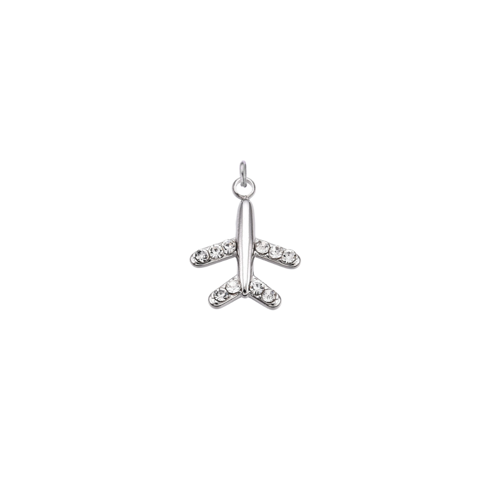 Silver waterproof airplane charm accented with rhinestones on the wings and tail, displayed on a shimmering light blue water background