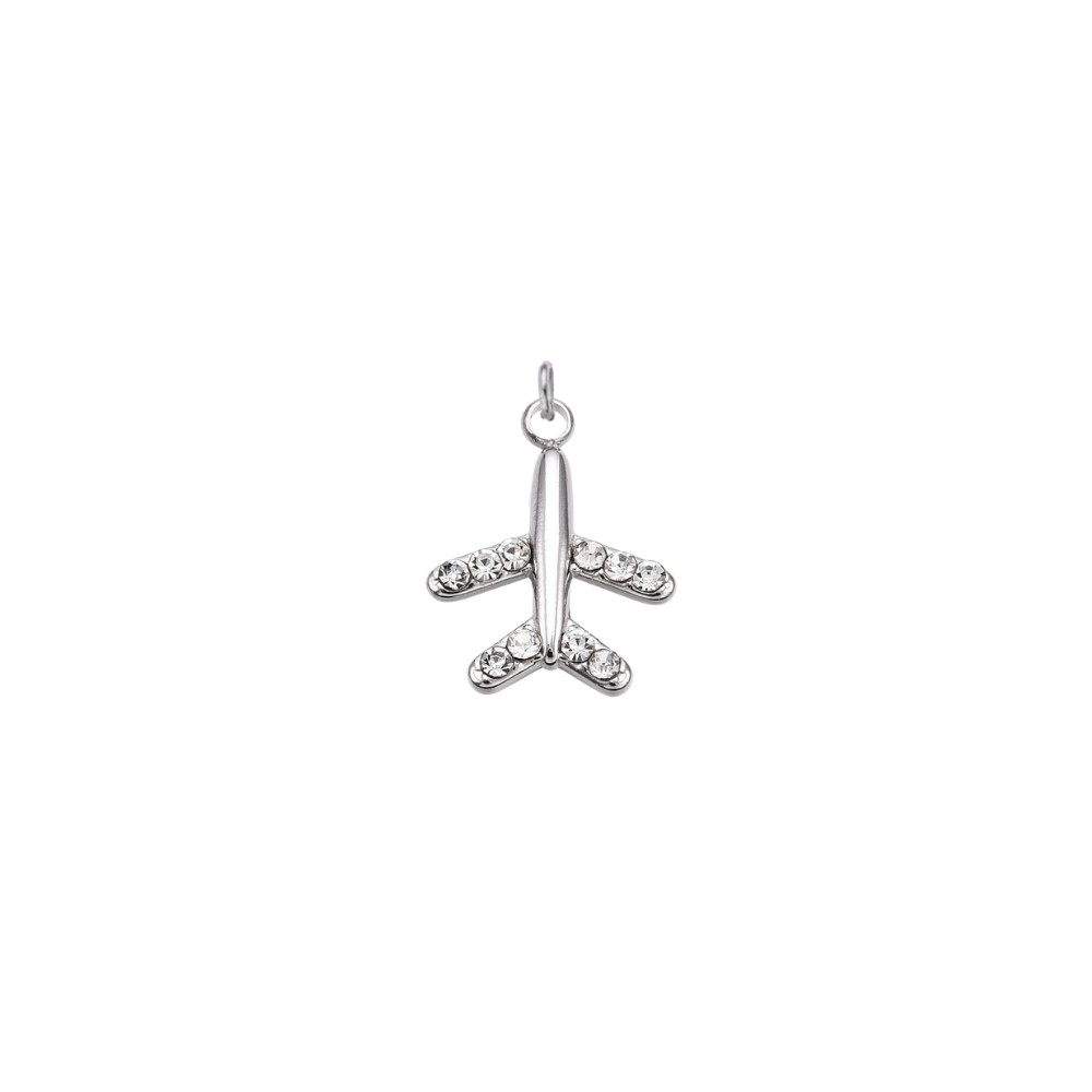Silver waterproof airplane charm accented with rhinestones on the wings and tail, displayed on white background