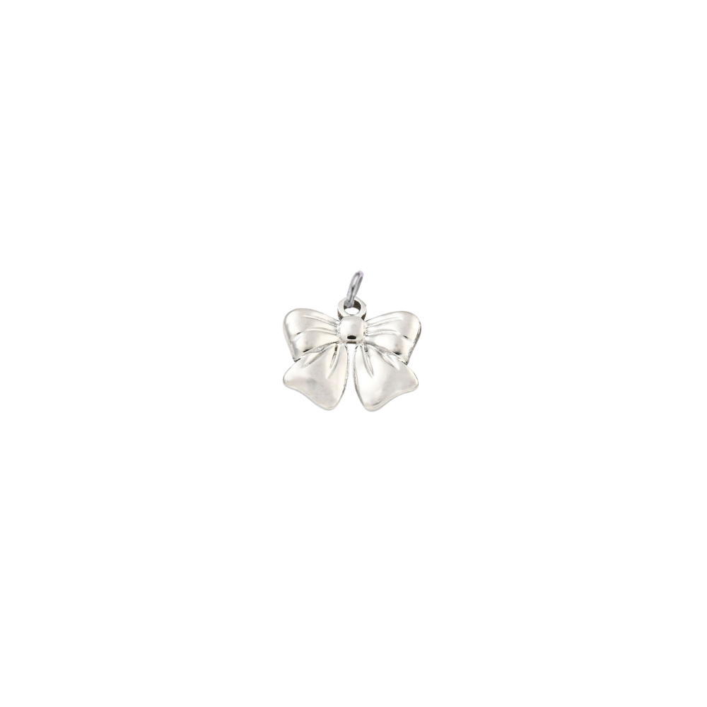 Silver waterproof bow charm with a polished finish on a transparent background.