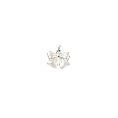 Silver waterproof bow charm with a polished finish on a transparent background.