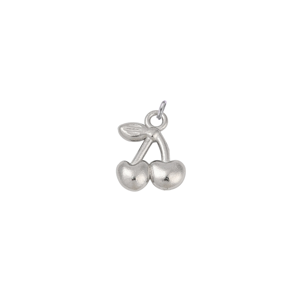 Silver waterproof cherry charm with a polished finish on a white background.