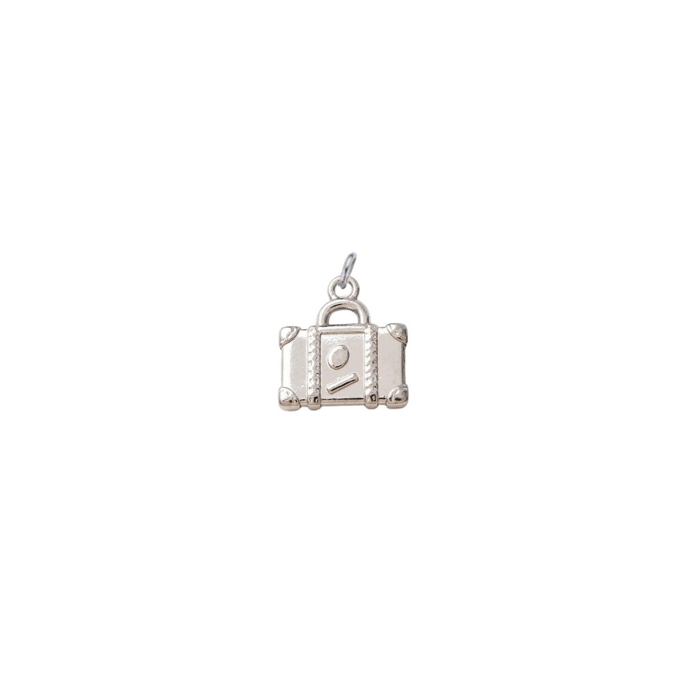 Silver waterproof suitcase charm with a polished finish on a transparent background.
