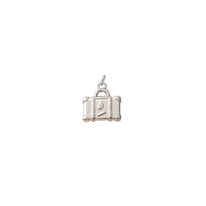 Silver waterproof suitcase charm with a polished finish on a transparent background.