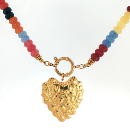 Armor Heirloom Beaded Necklace with multicolor red, pink, orange, yellow, blue and deep teal beads, finished with gold-tone hardware and an ornate heart pendant.
