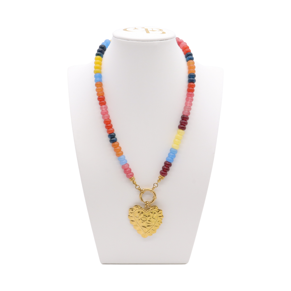 Armor Heirloom Beaded Necklace with multicolor red, pink, orange, yellow, blue and deep teal beads, finished with gold-tone hardware and an ornate heart pendant.