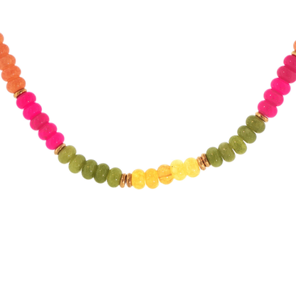 The Cactus Bloom Beaded Necklace featuring yellow, orange, hot pink, and green beads with polished gold-tone spacer accents.