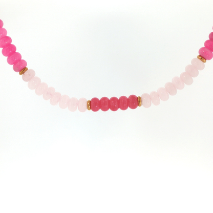 Canyon Rose Beaded Necklace featuring blush pink, fuchsia, and deep rose beads with polished gold-tone spacer accents.