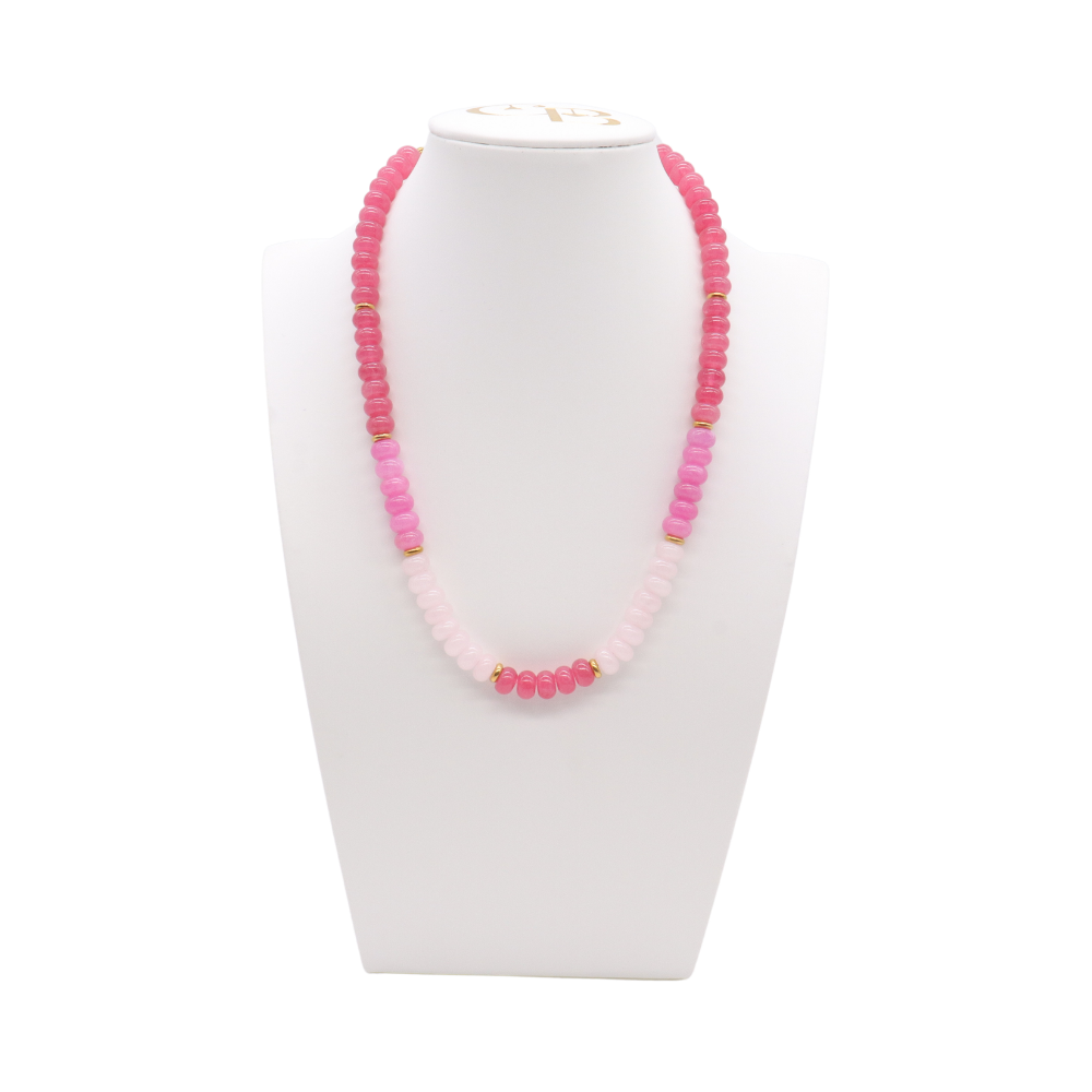 Canyon Rose Beaded Necklace featuring blush pink, fuchsia, and deep rose beads with polished gold-tone spacer accents.