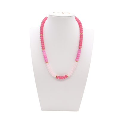 Canyon Rose Beaded Necklace featuring blush pink, fuchsia, and deep rose beads with polished gold-tone spacer accents.