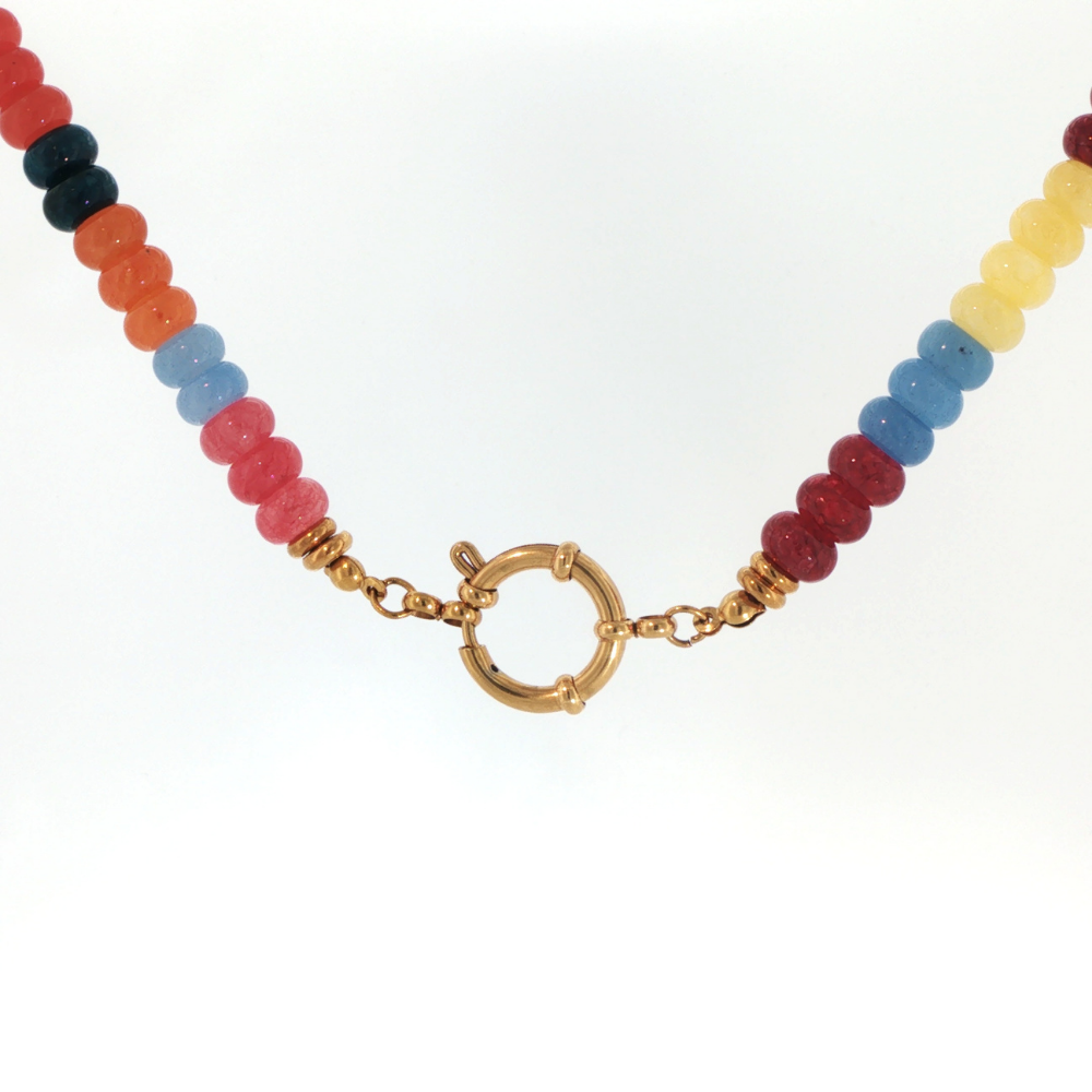 Sedona Sunset Beaded Necklace with multicolor red, pink, orange, yellow, blue and deep teal beads, finished with gold-tone accents and a front circular clasp.