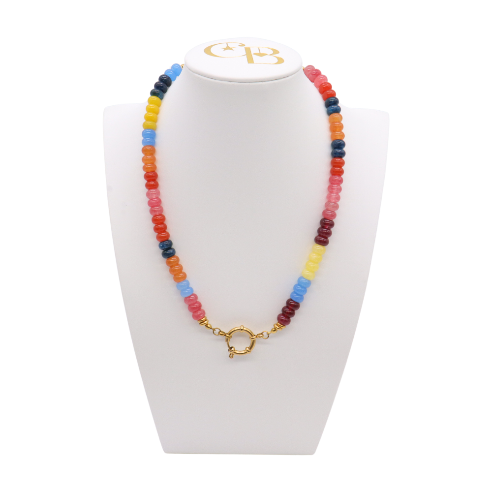 Sedona Sunset Beaded Necklace with multicolor red, pink, orange, yellow, blue and deep teal beads, finished with gold-tone accents and a front circular clasp.