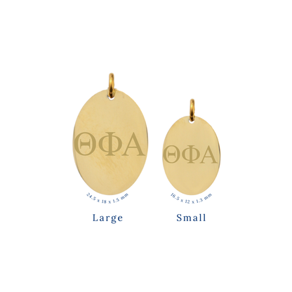 Theta Phi Alpha gold large oval charm and small oval charm comparison with horizontal greek letters front view