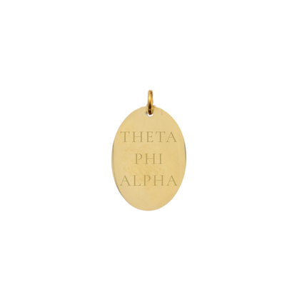 Theta Phi Alpha gold large oval charm with full sorority name front view