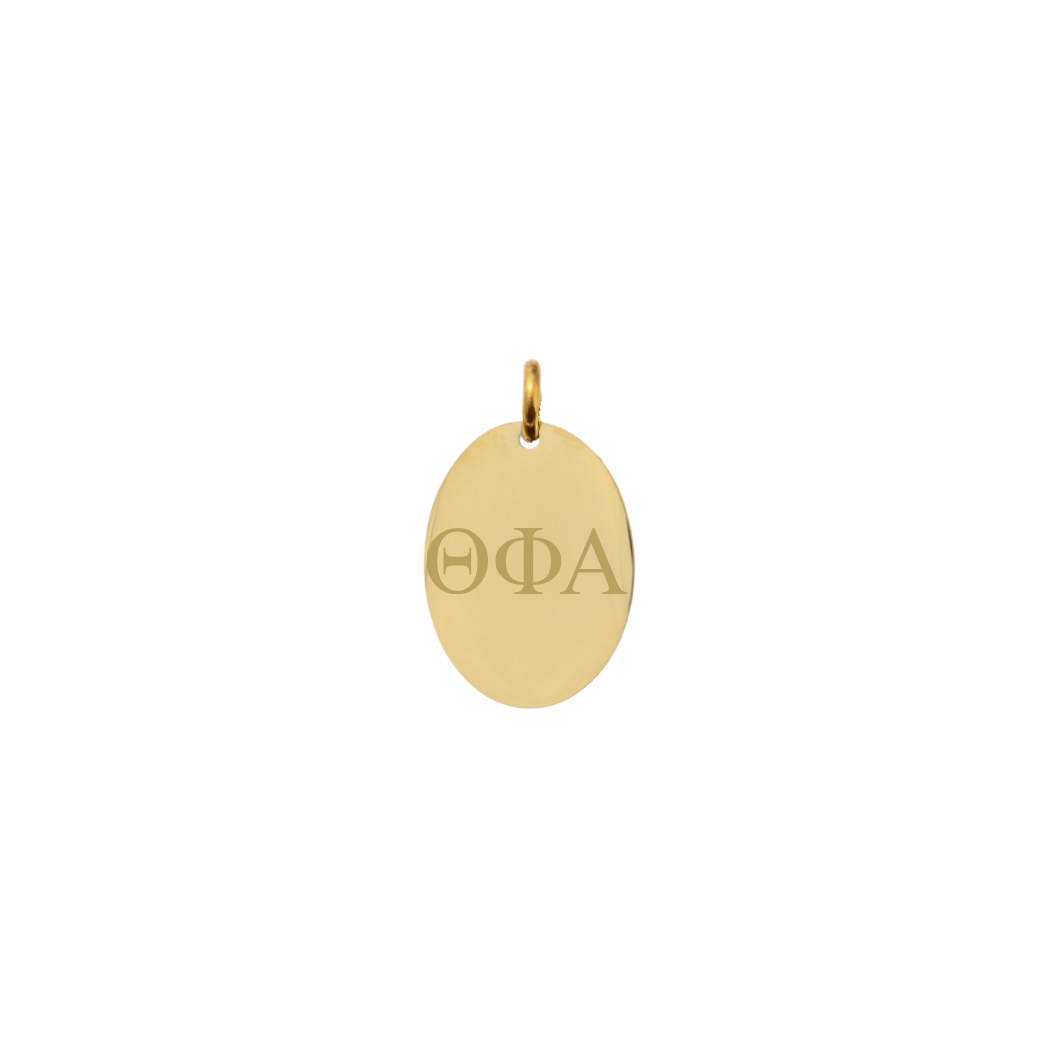 Theta Phi Alpha gold small oval charm with horizontal greek letters